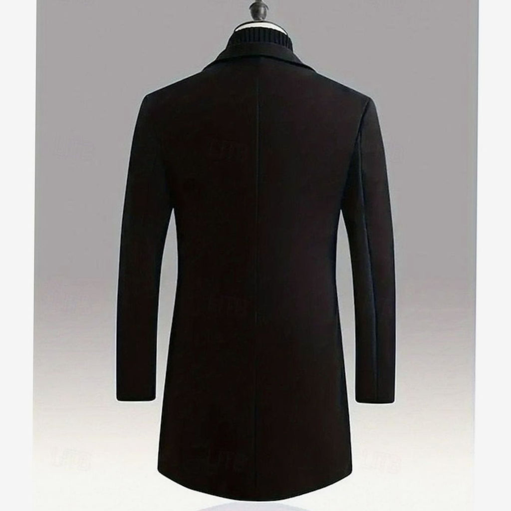 Men's Longline Wool Topcoat with Single-Breasted Front