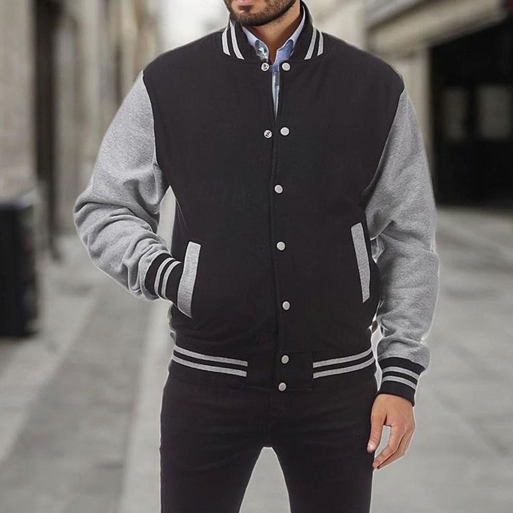 Men's Letterman Bomber with Ribbed Trims and Side Pockets - Light Gray