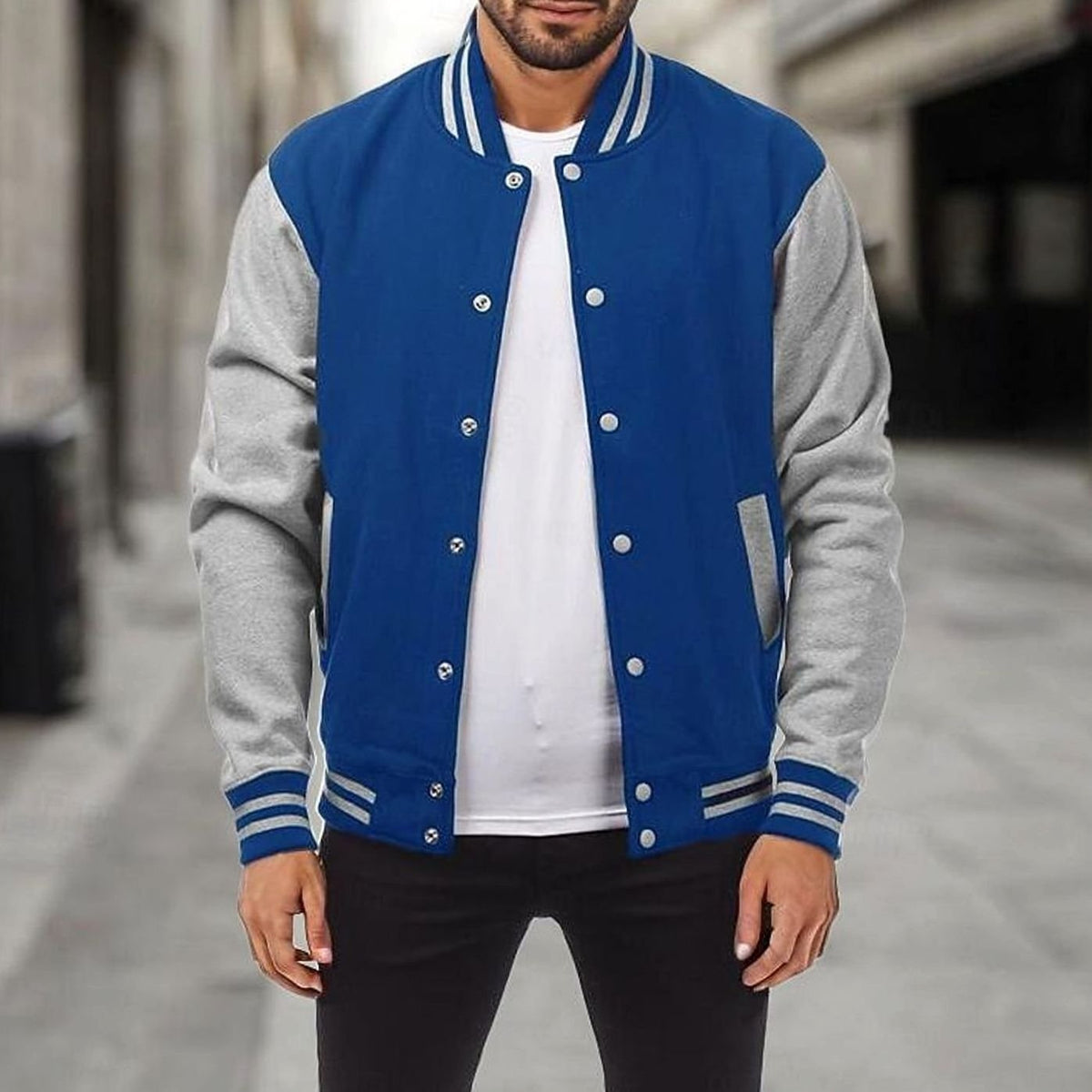 Men's Letterman Bomber with Ribbed Trims and Side Pockets - Royal Blue