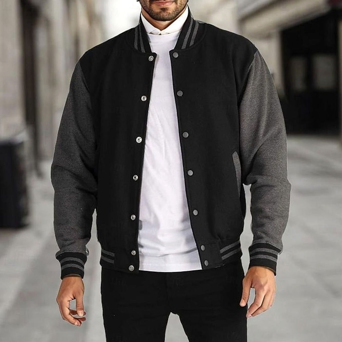 Men's Letterman Bomber with Ribbed Trims and Side Pockets - Black