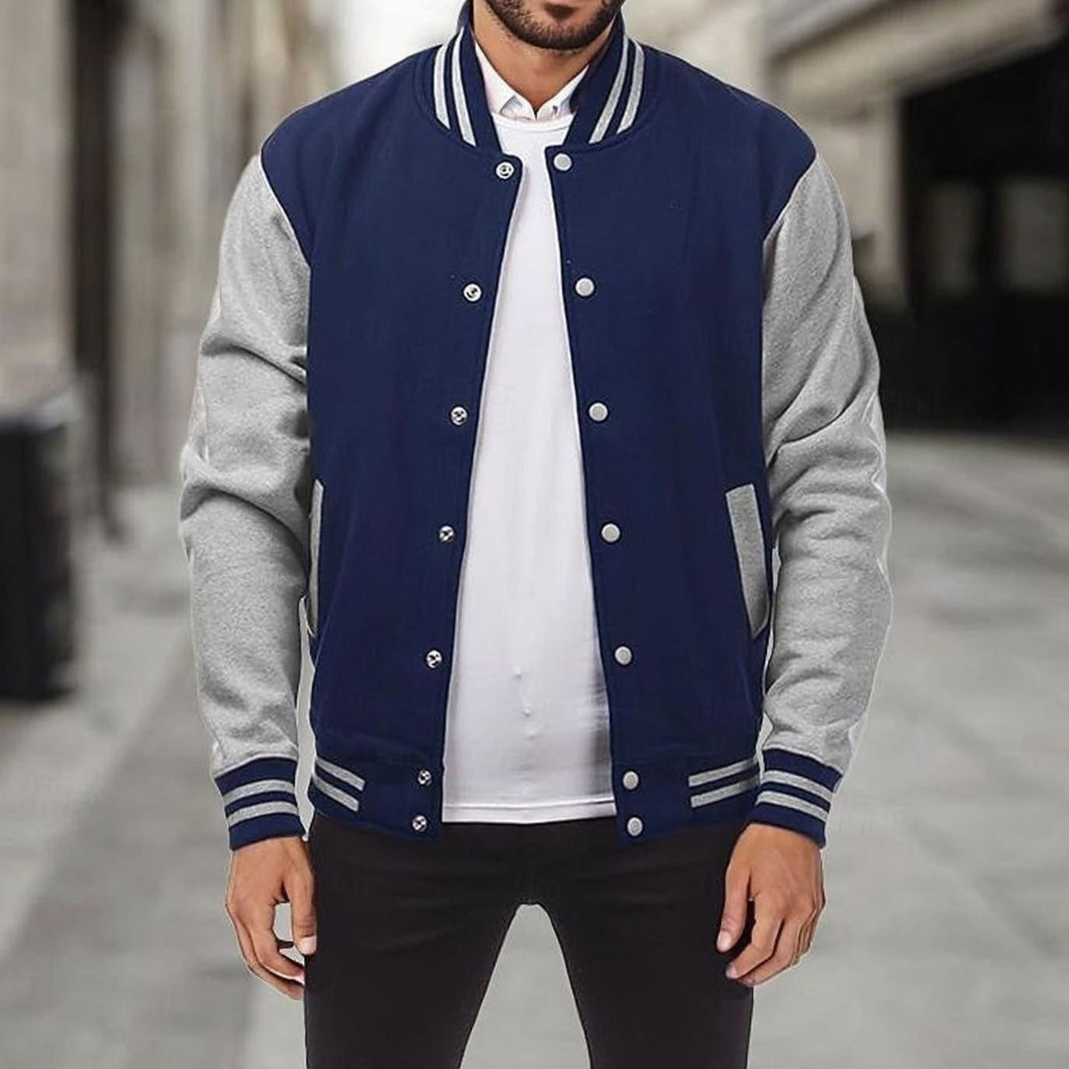 Men's Letterman Bomber with Ribbed Trims and Side Pockets - Navy Blue