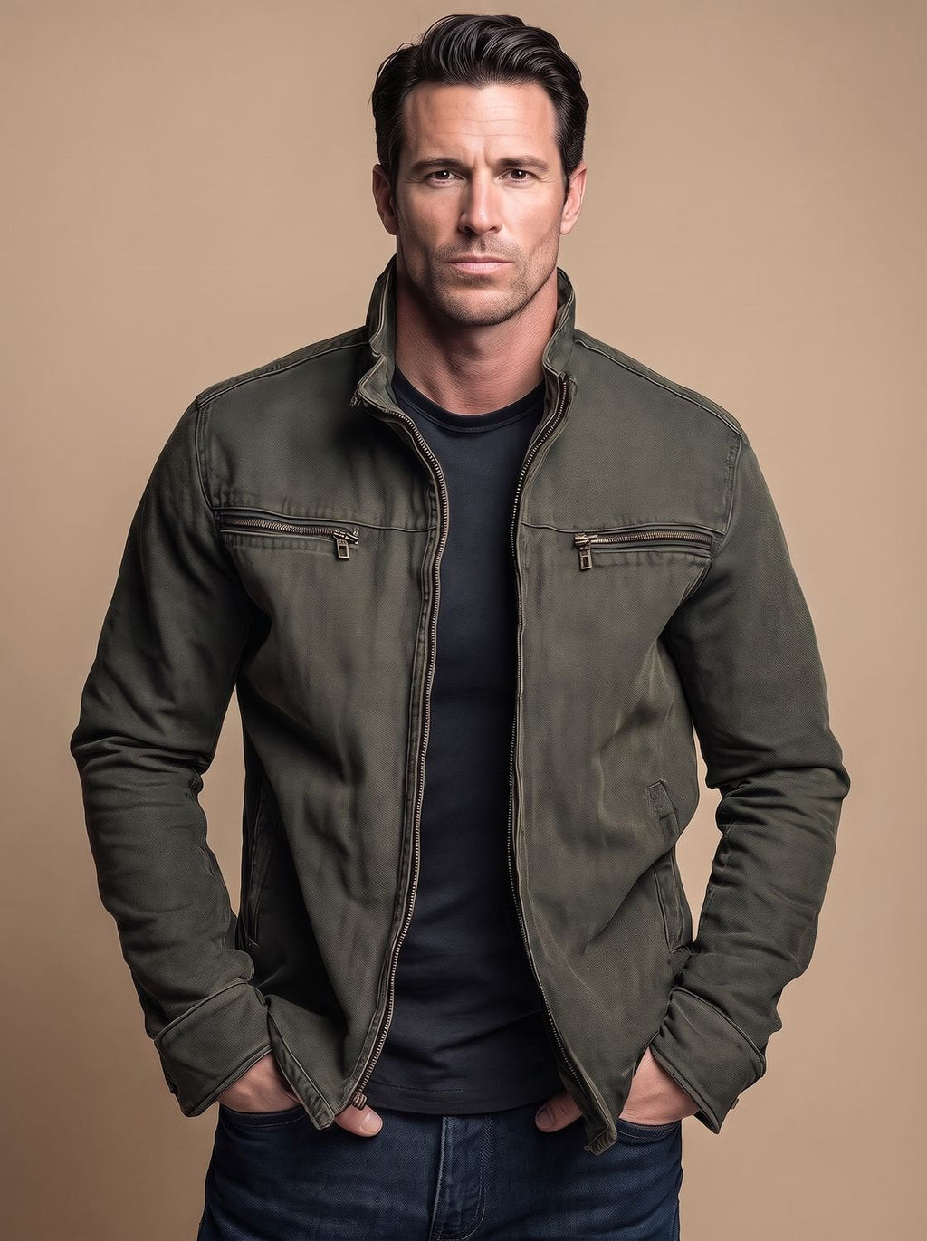 Men's Cotton Field Jacket with Zip Chest Pockets and Stand Collar