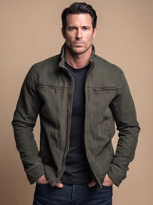 Men's Cotton Field Jacket with Zip Chest Pockets and Stand Collar