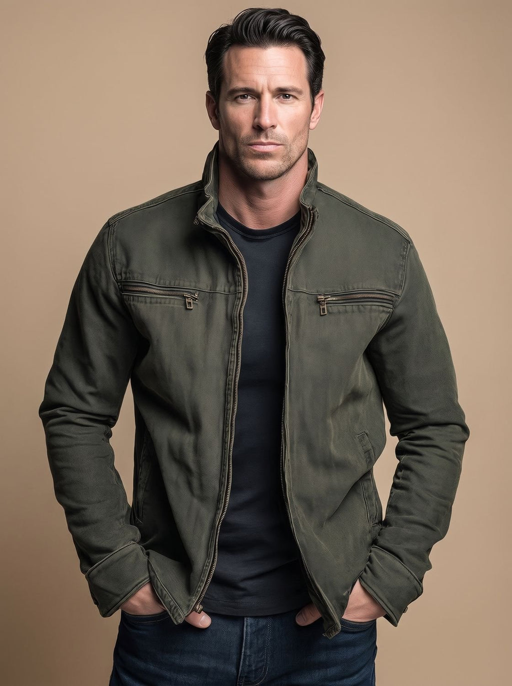 Men's Cotton Field Jacket with Zip Chest Pockets and Stand Collar - Army Green