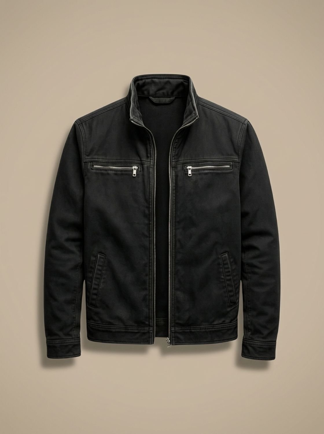 Men's Cotton Field Jacket with Zip Chest Pockets and Stand Collar - Black