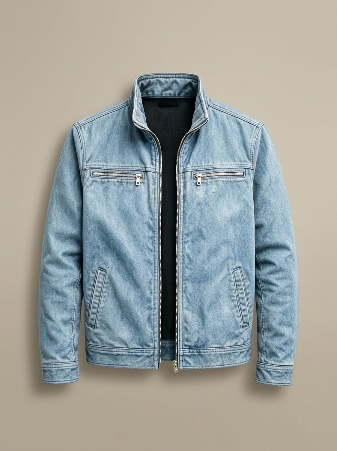 Men's Cotton Field Jacket with Zip Chest Pockets and Stand Collar - Blue