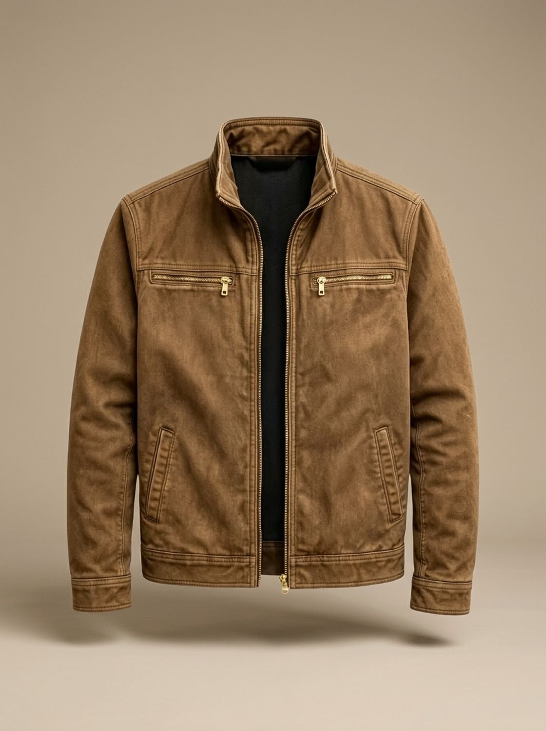 Men's Cotton Field Jacket with Zip Chest Pockets and Stand Collar - Brown