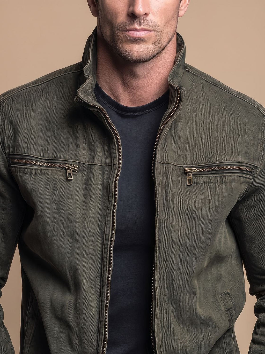 Men's Cotton Field Jacket with Zip Chest Pockets and Stand Collar