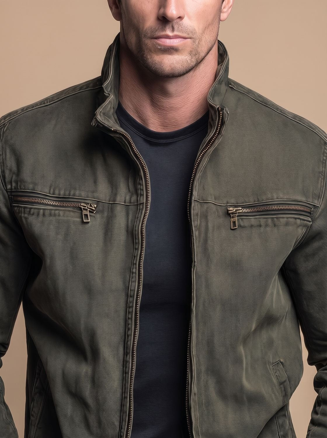 Men's Cotton Field Jacket with Zip Chest Pockets and Stand Collar