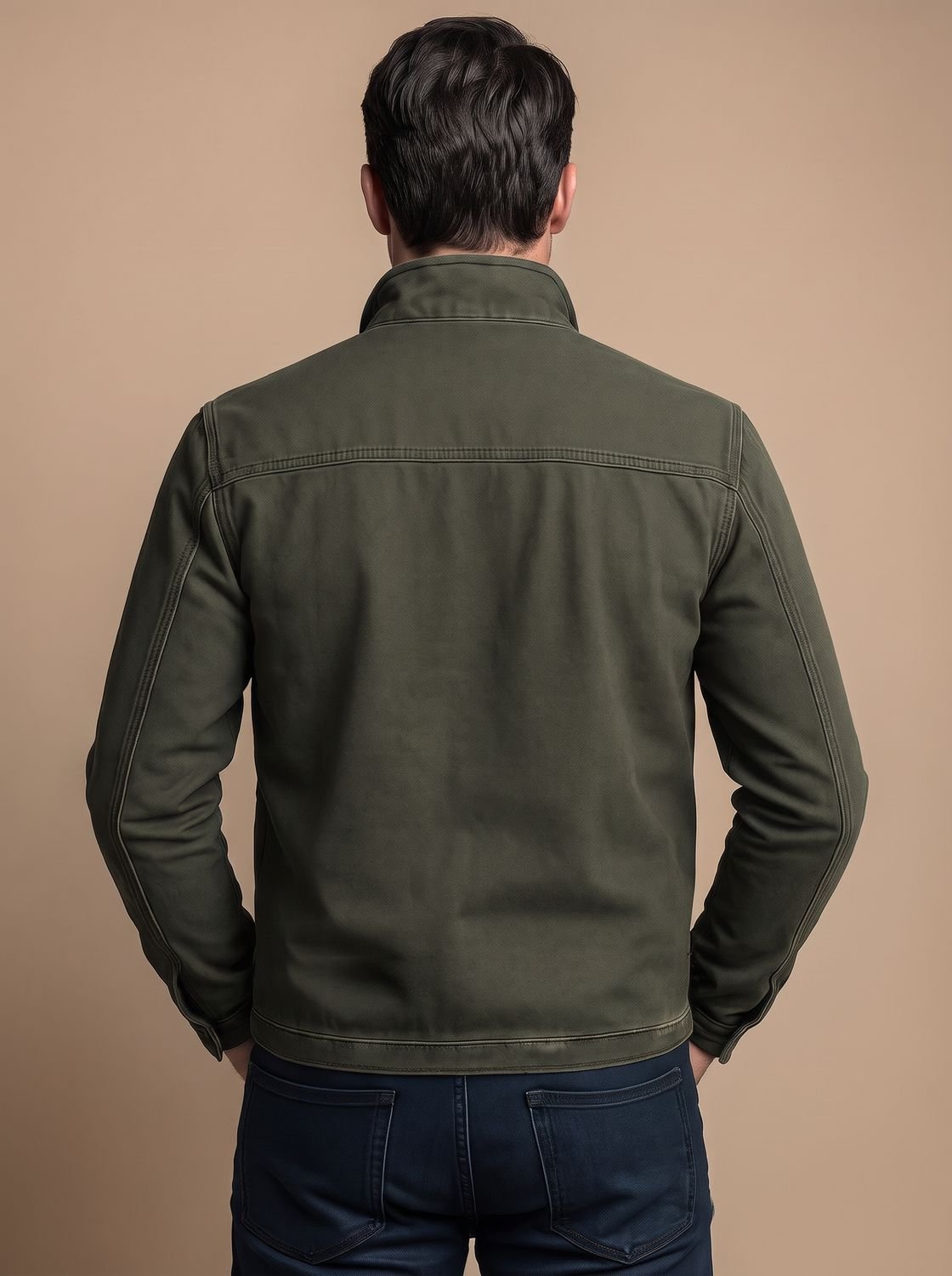 Men's Cotton Field Jacket with Zip Chest Pockets and Stand Collar