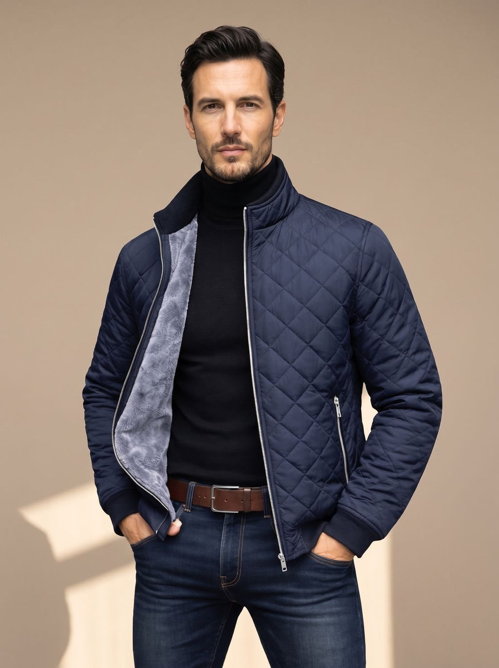 Men's Brushed Fleece Lined Quilted Winter Jacket with Stand Collar - Navy Blue
