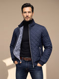 Men's Brushed Fleece Lined Quilted Winter Jacket with Stand Collar - Navy Blue
