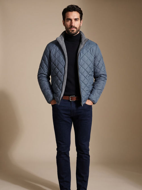 Men's Brushed Fleece Lined Quilted Winter Jacket with Stand Collar - Gray