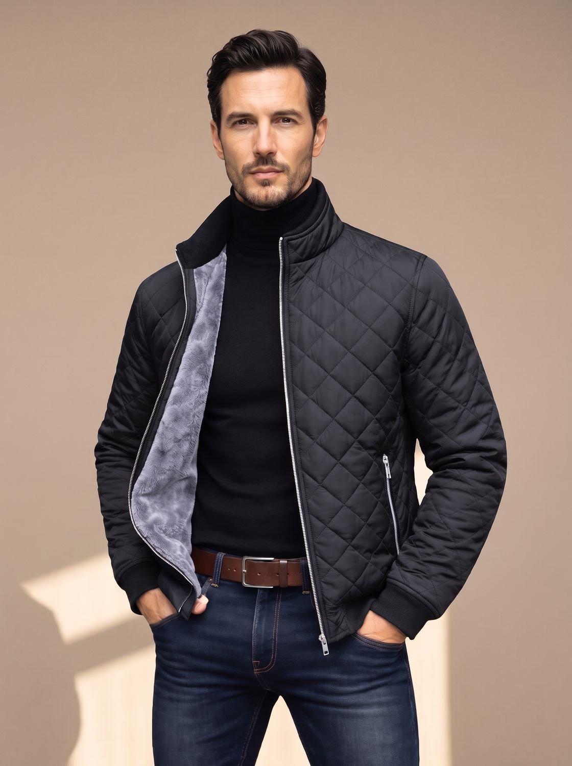 Men's Brushed Fleece Lined Quilted Winter Jacket with Stand Collar - Black