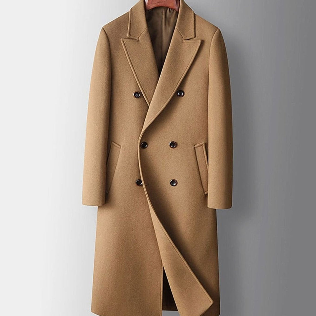Men's Peak Lapel Knee-Length Double-Breasted Wool Coat - Khaki