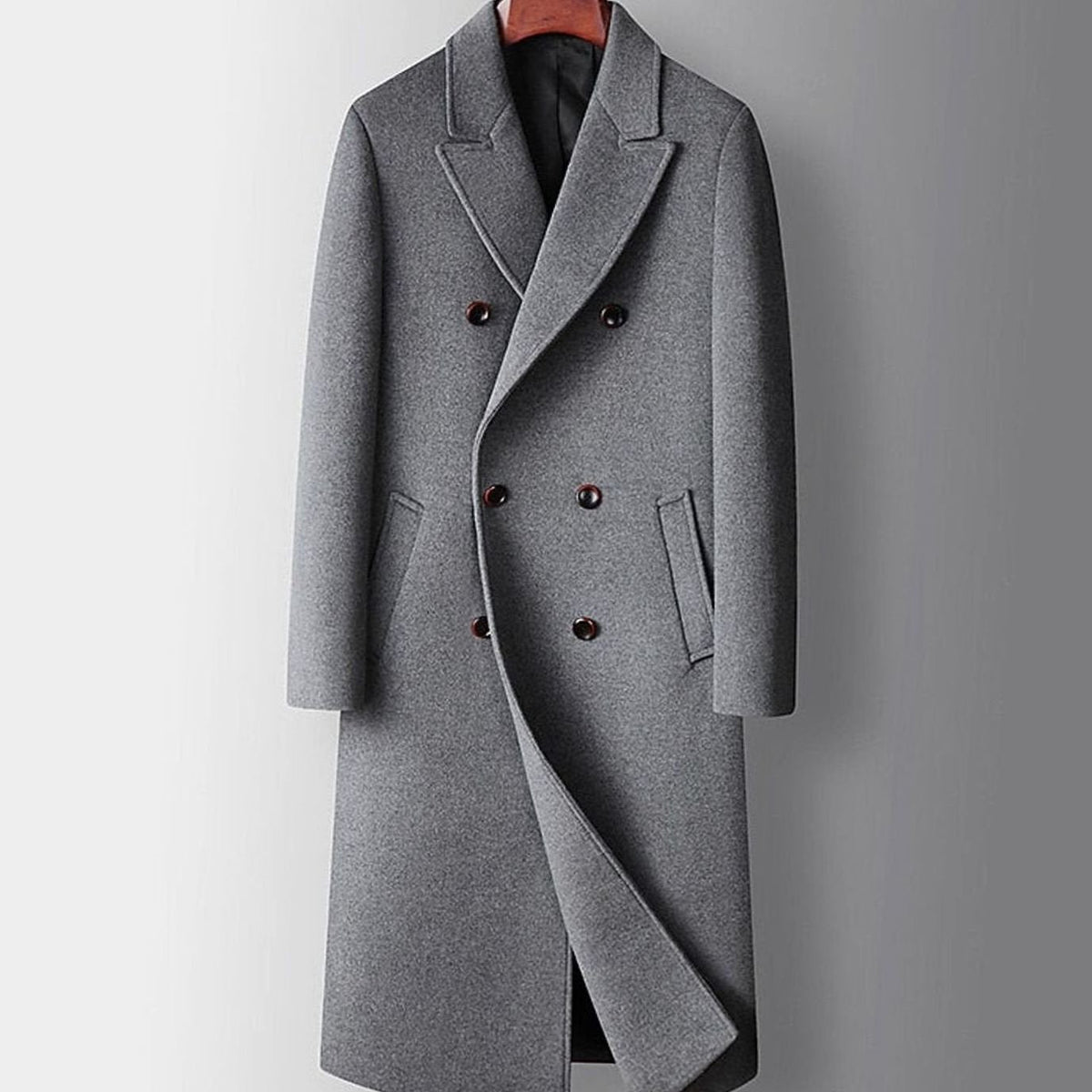 Men's Peak Lapel Knee-Length Double-Breasted Wool Coat - Gray