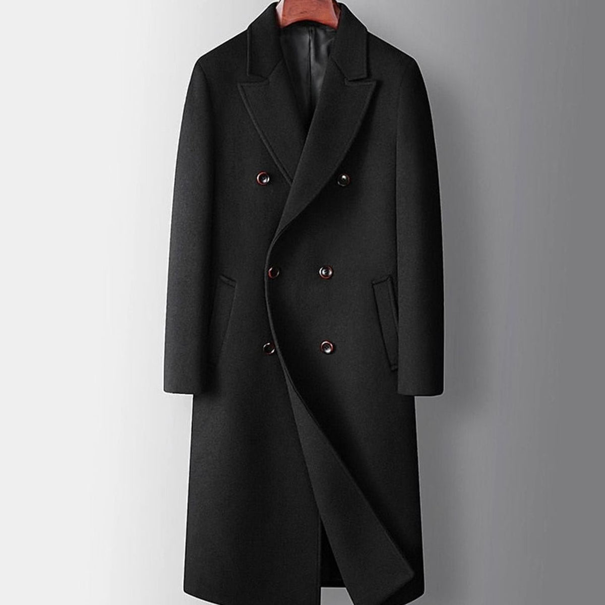 Men's Peak Lapel Knee-Length Double-Breasted Wool Coat - Black