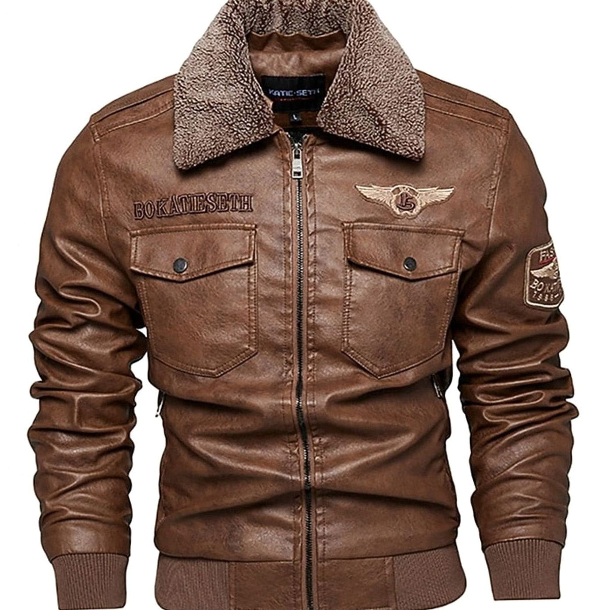 Men's Sherpa Collar Faux Leather Bomber with Chest Pockets - Coffee Brown