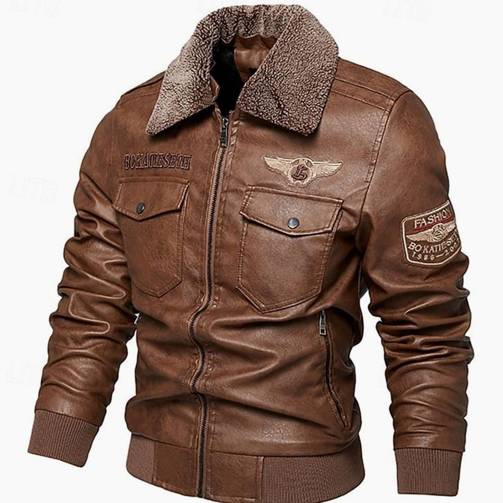 Men's Sherpa Collar Faux Leather Bomber with Chest Pockets