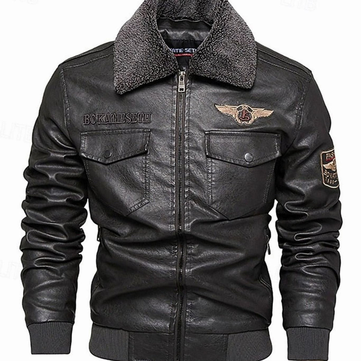 Men's Sherpa Collar Faux Leather Bomber with Chest Pockets - Gray