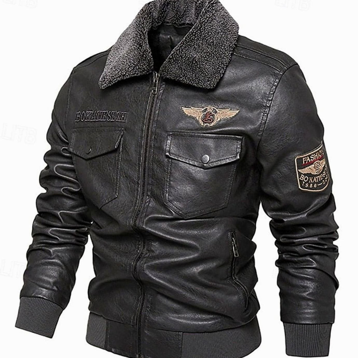 Men's Sherpa Collar Faux Leather Bomber with Chest Pockets