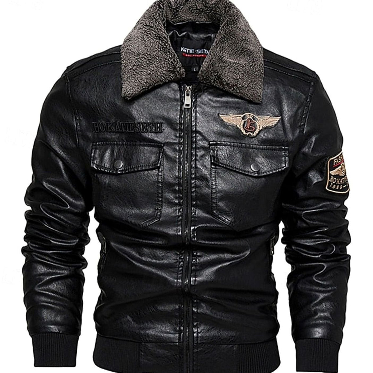 Men's Sherpa Collar Faux Leather Bomber with Chest Pockets - Black