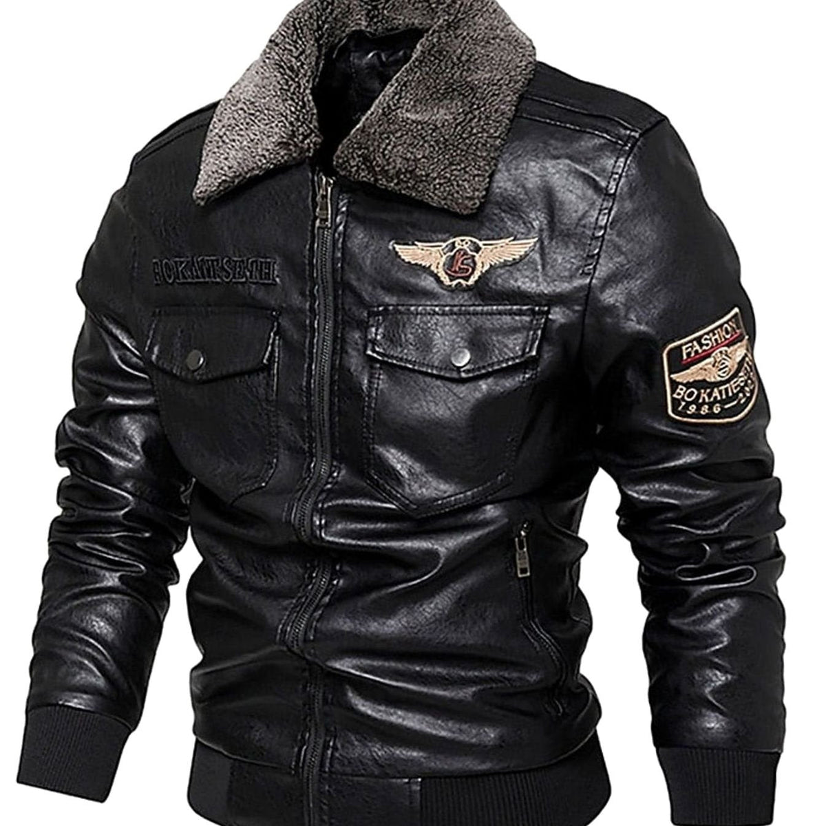 Men's Sherpa Collar Faux Leather Bomber with Chest Pockets