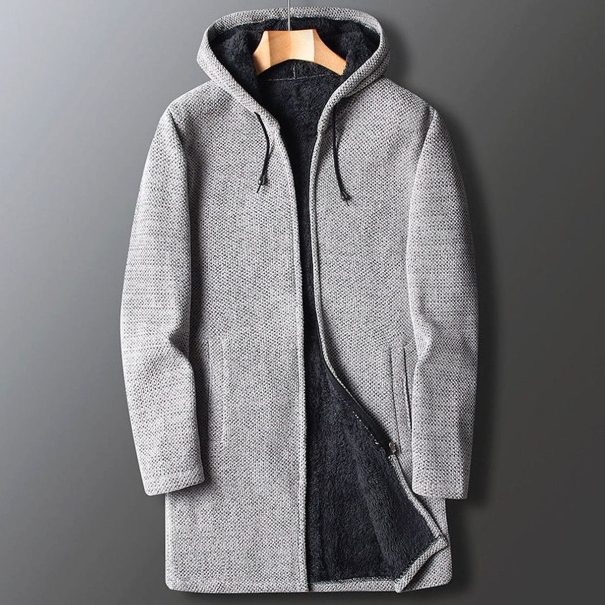 Men's Full-Length Hooded Parka with Fleece Interior - Light Gray