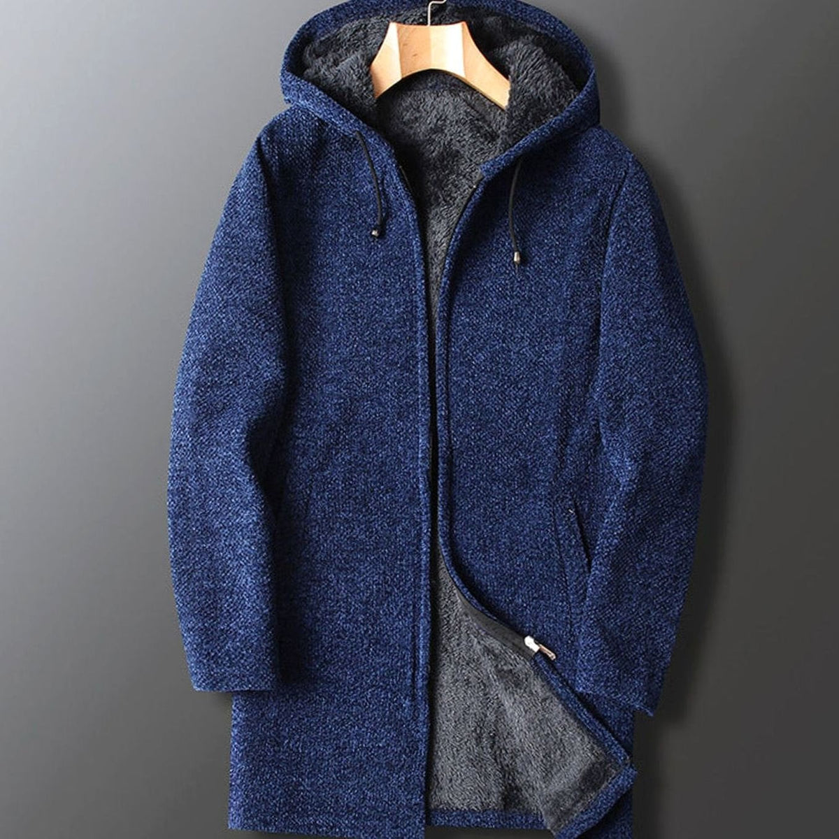 Men's Full-Length Hooded Parka with Fleece Interior - Navy Blue