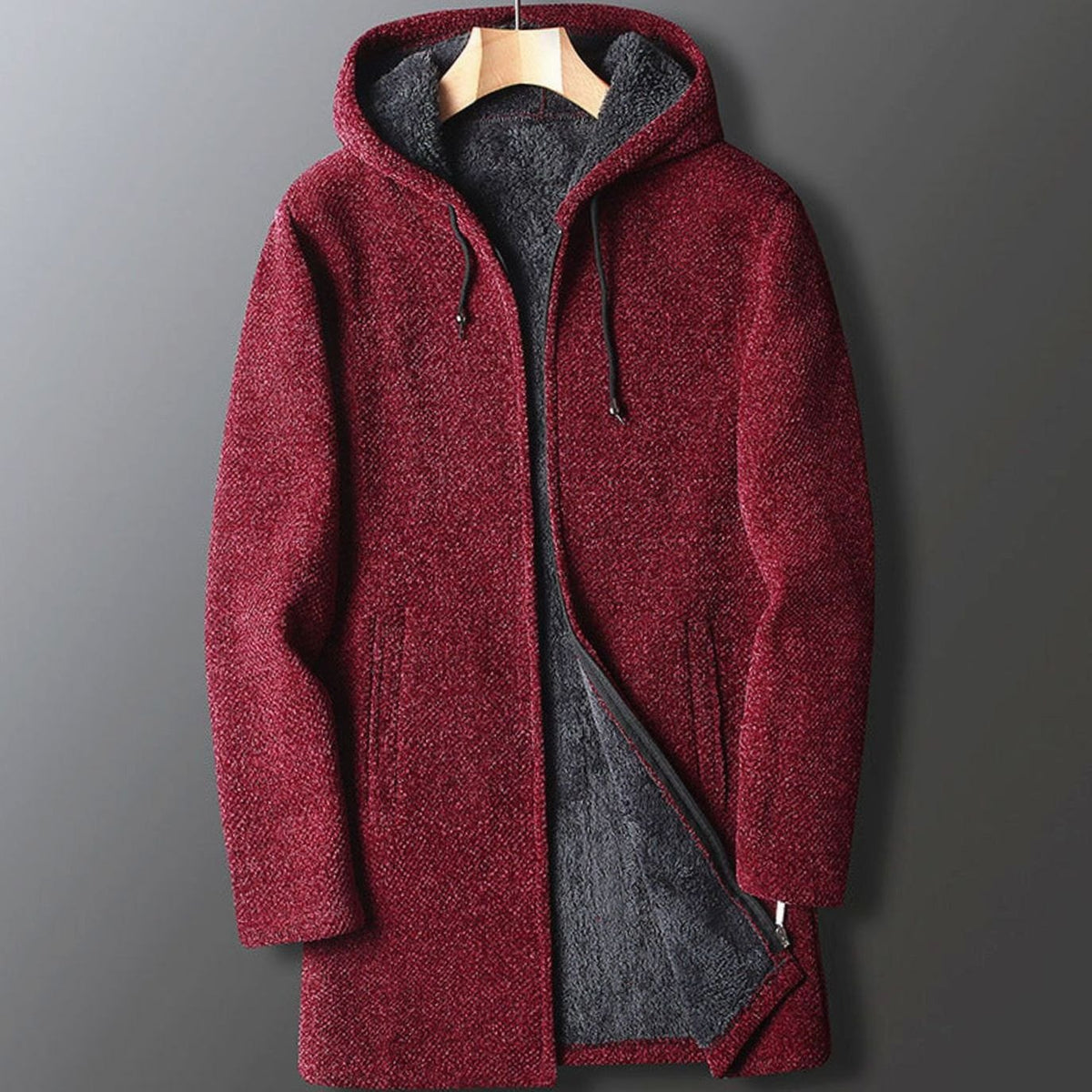 Men's Full-Length Hooded Parka with Fleece Interior - Red