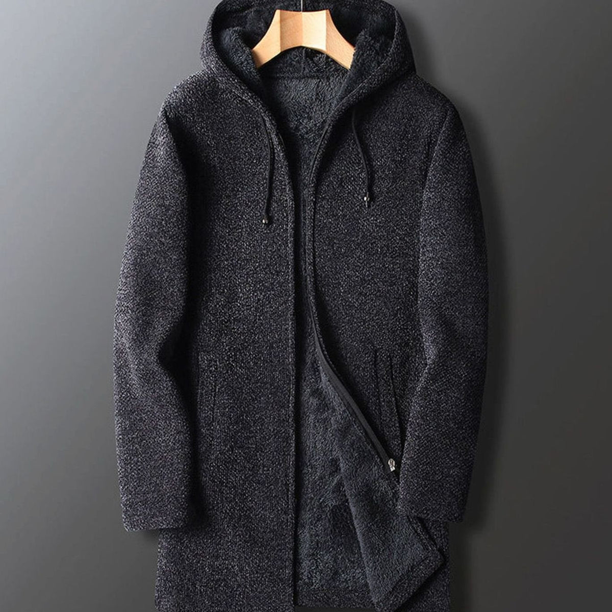 Men's Full-Length Hooded Parka with Fleece Interior - Dark Gray