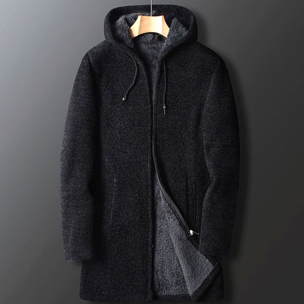 Men's Full-Length Hooded Parka with Fleece Interior - Black