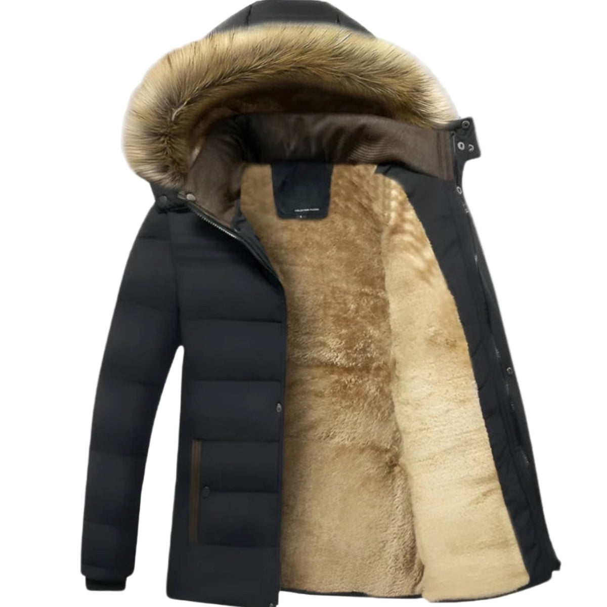 Men's Quilted Winter Jacket With Snap Placket and Fleece Lining - Black