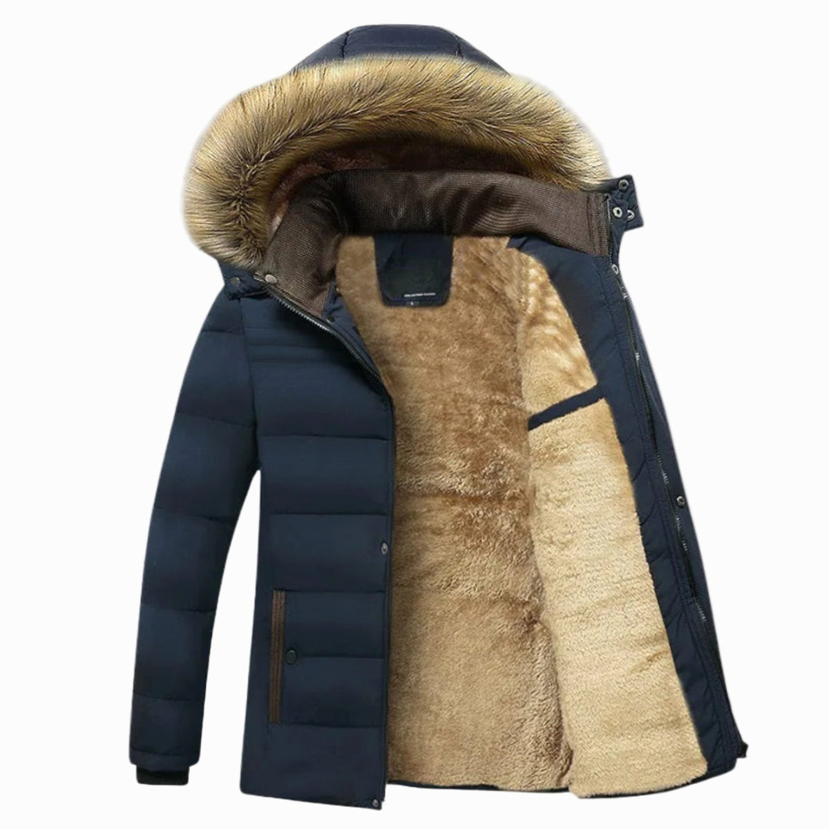 Men's Quilted Winter Jacket With Snap Placket and Fleece Lining - Blue