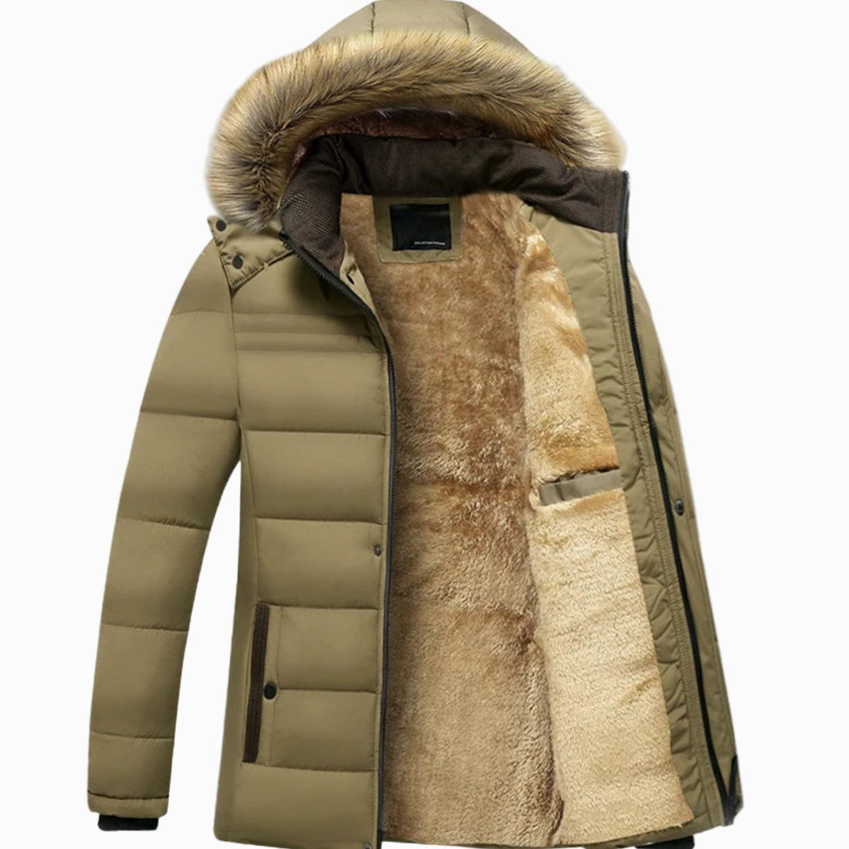 Men's Quilted Winter Jacket With Snap Placket and Fleece Lining - Khaki
