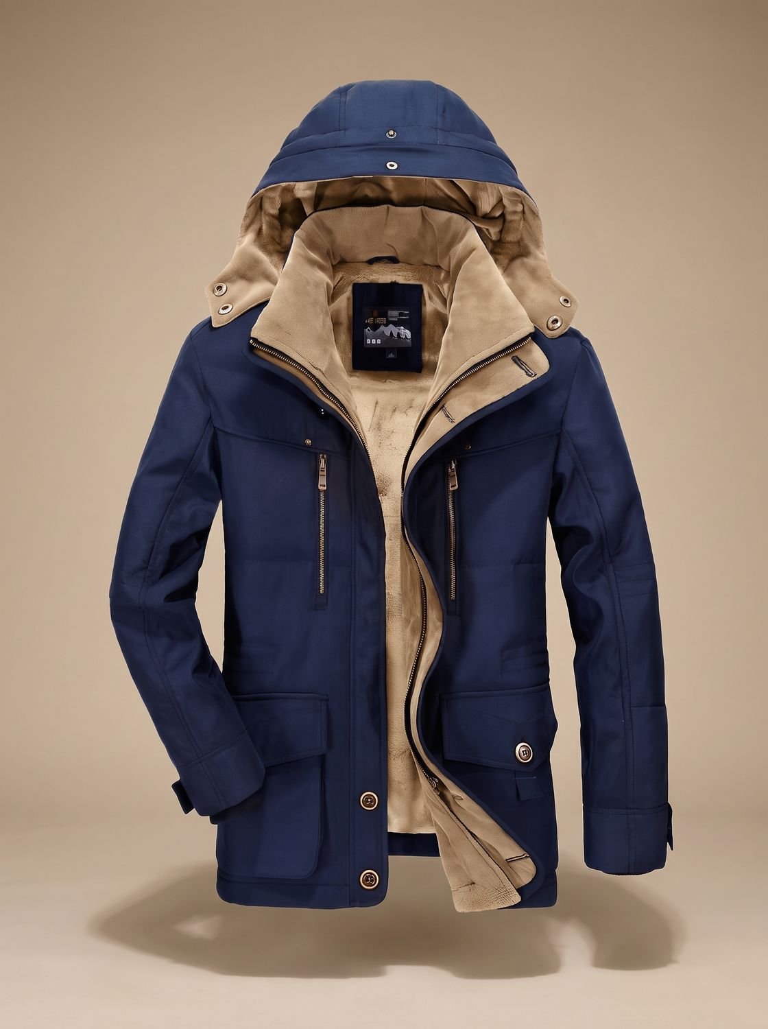 Men's Mid-Length Cargo Parka with Removable Fleece Hood - Blue