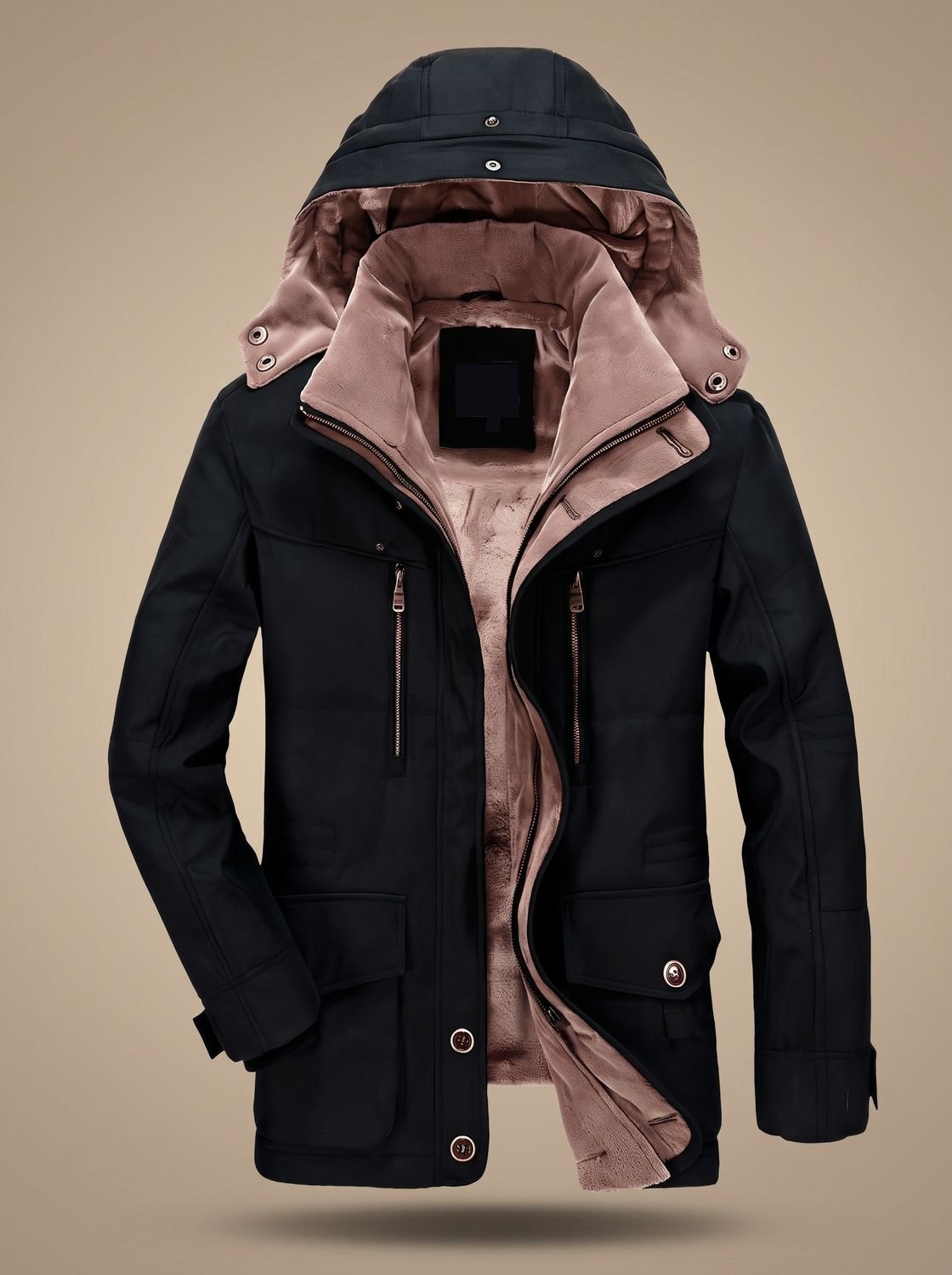 Men's Mid-Length Cargo Parka with Removable Fleece Hood - Black