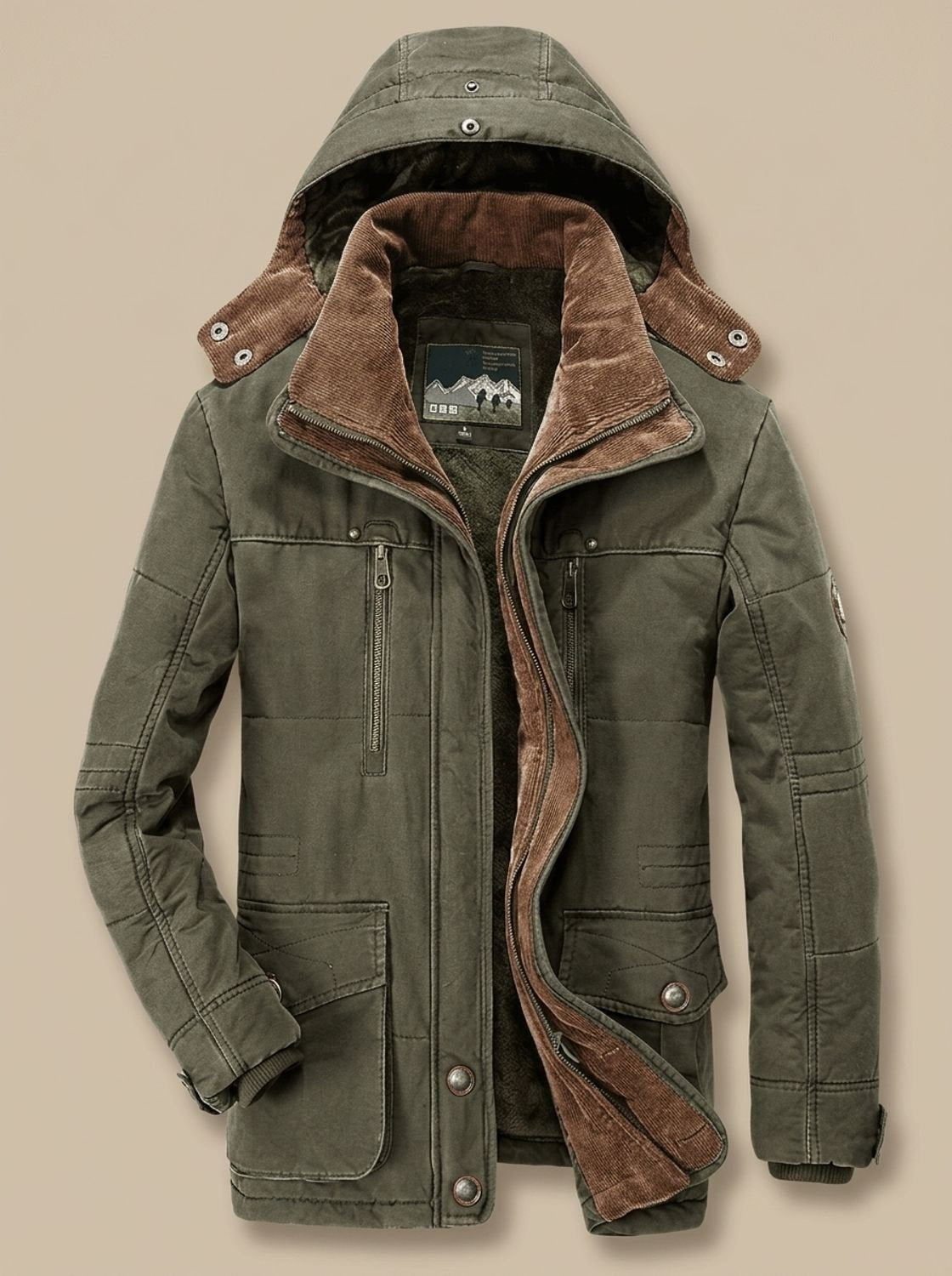 Men's Mid-Length Cargo Parka with Removable Fleece Hood - Green