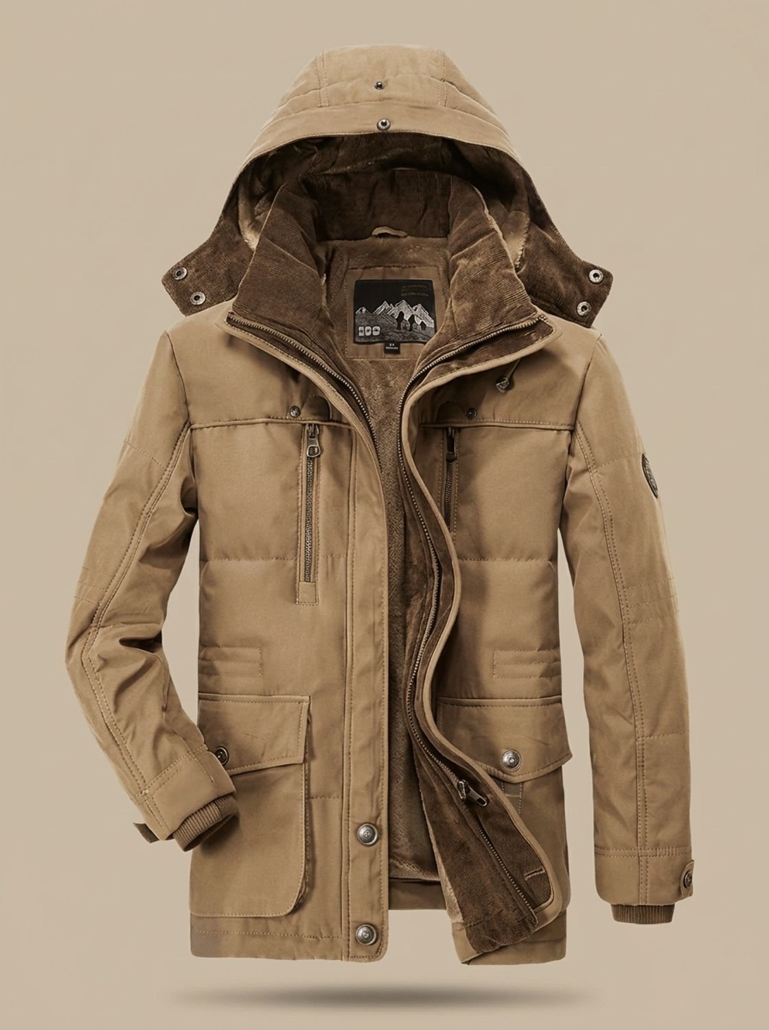 Men's Mid-Length Cargo Parka with Removable Fleece Hood - Khaki