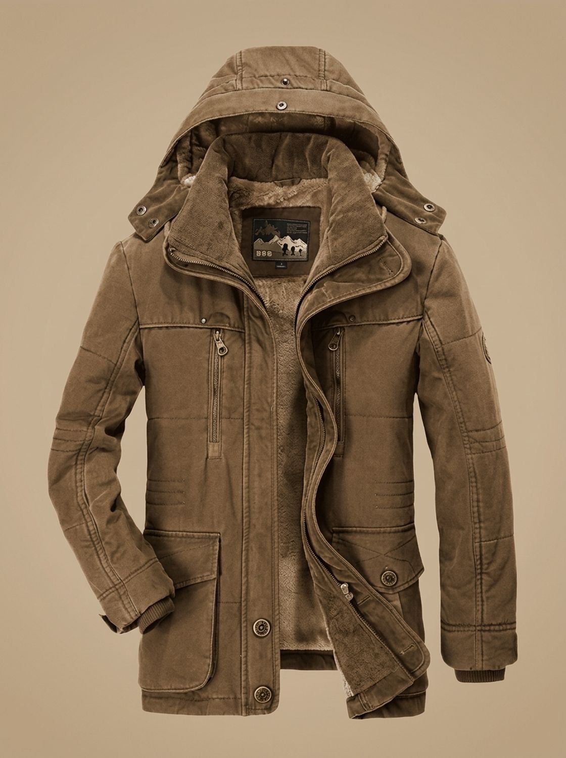 Men's Mid-Length Cargo Parka with Removable Fleece Hood - Coffee