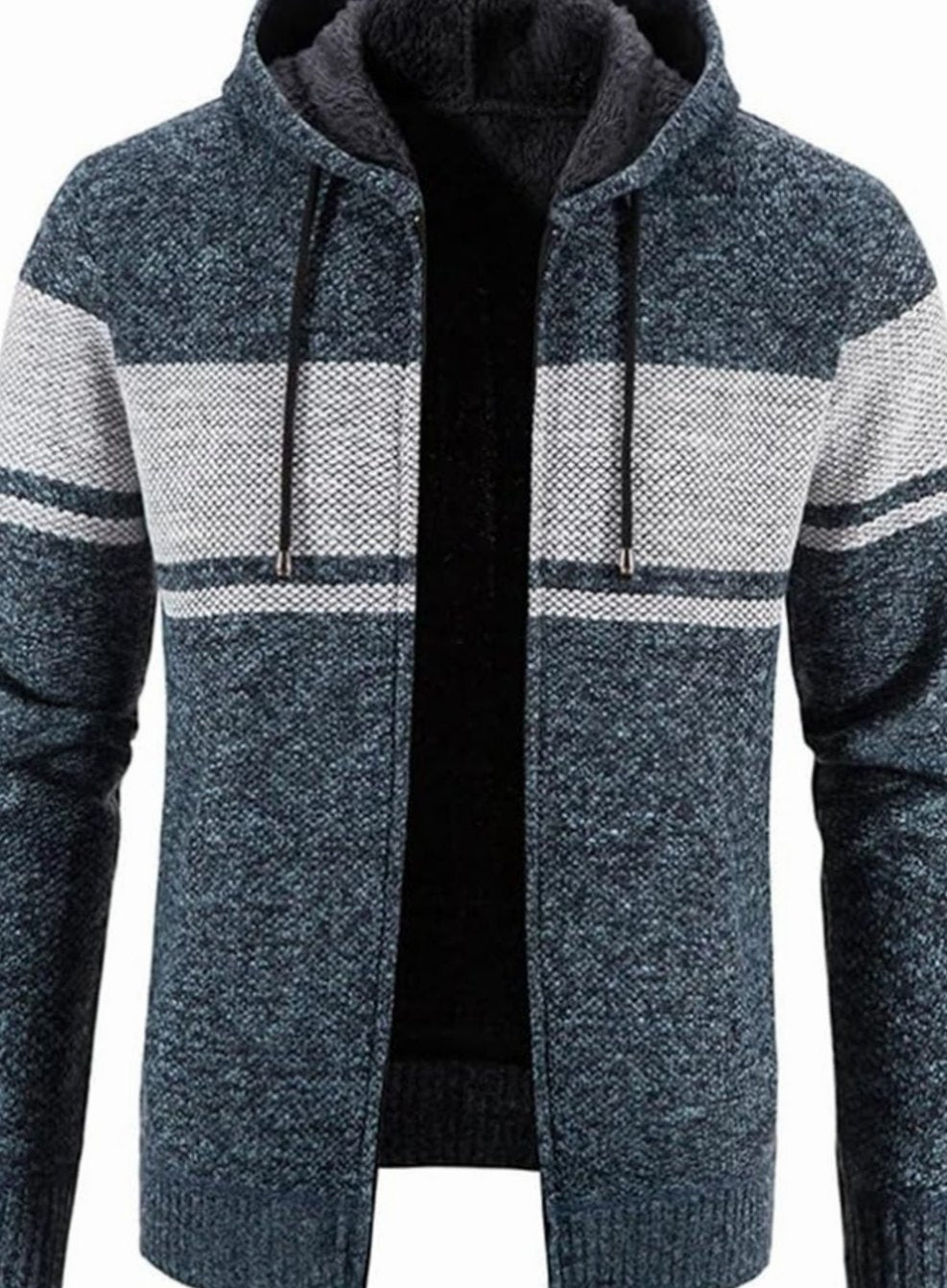 Men's Colorblock Knit Hooded Zip Cardigan with Fleece Lining - Blue Gray
