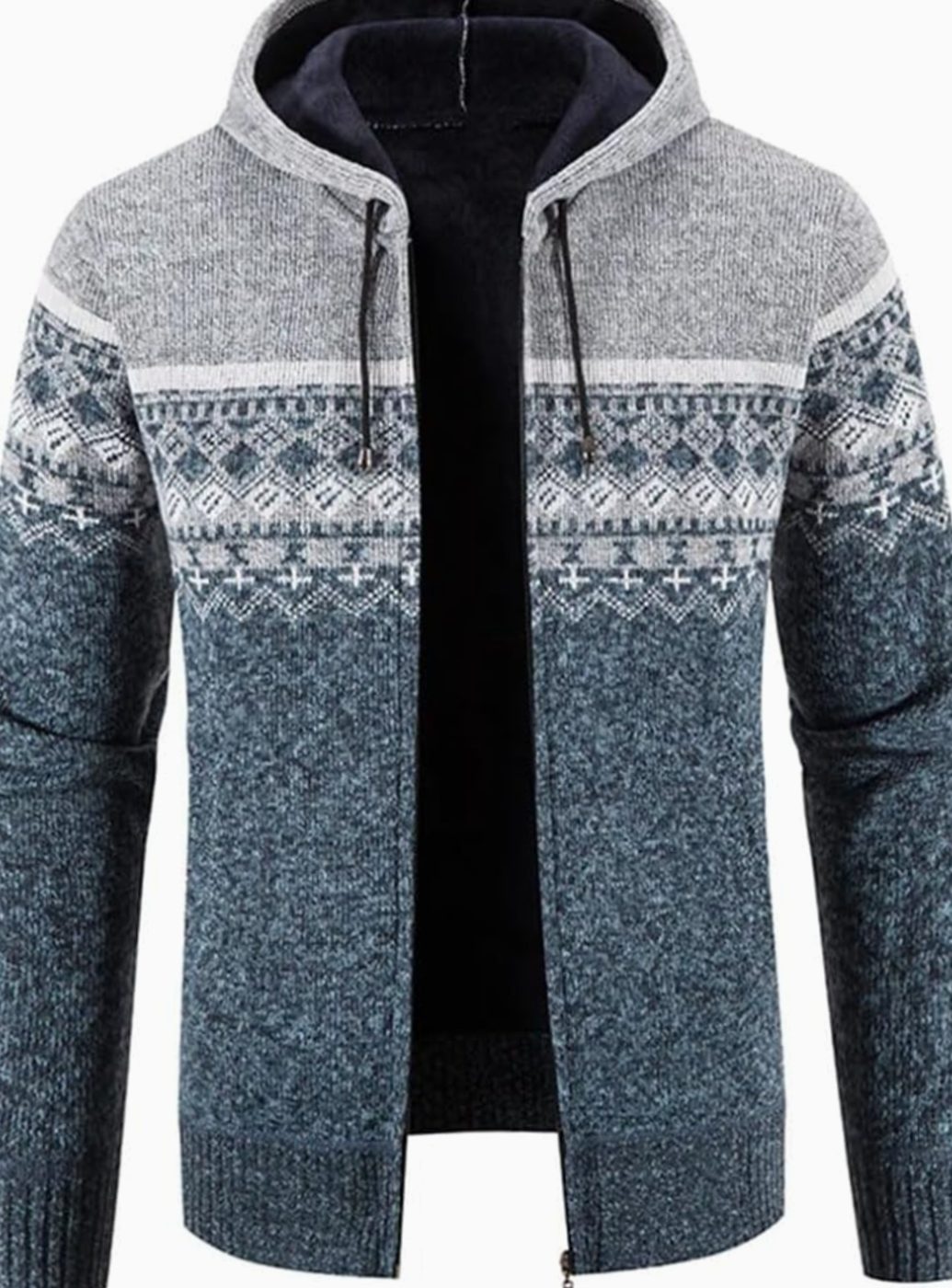 Men's Colorblock Knit Hooded Zip Cardigan with Fleece Lining - Light Gray Blue