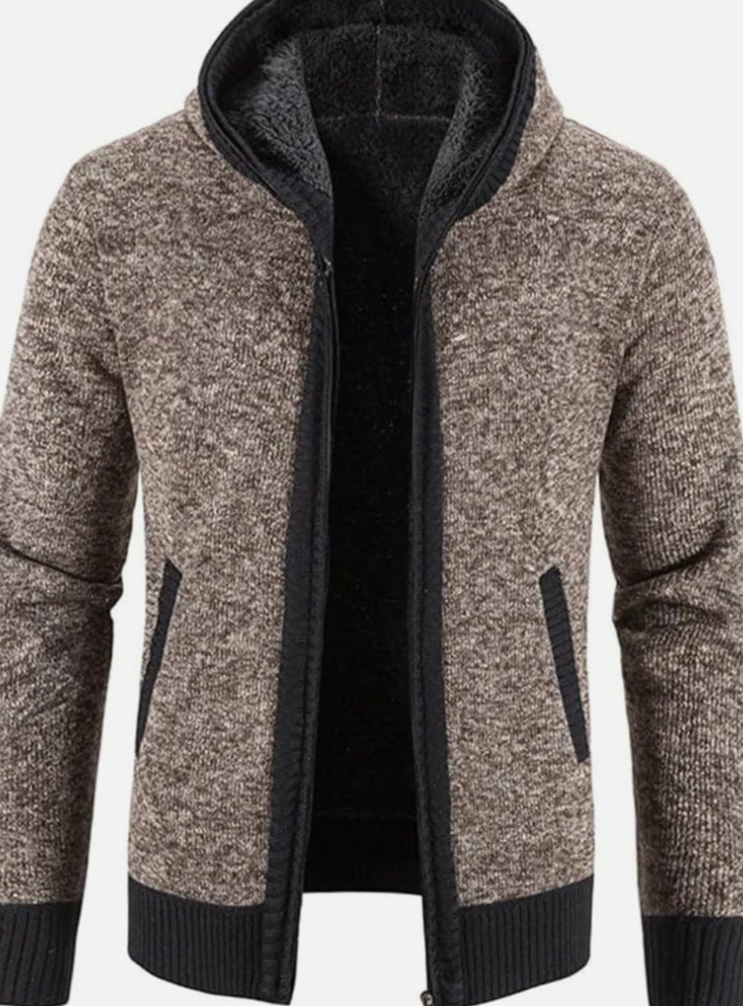 Men's Colorblock Knit Hooded Zip Cardigan with Fleece Lining - Brown
