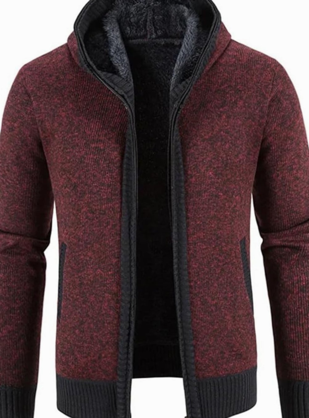 Men's Colorblock Knit Hooded Zip Cardigan with Fleece Lining - Dark Red