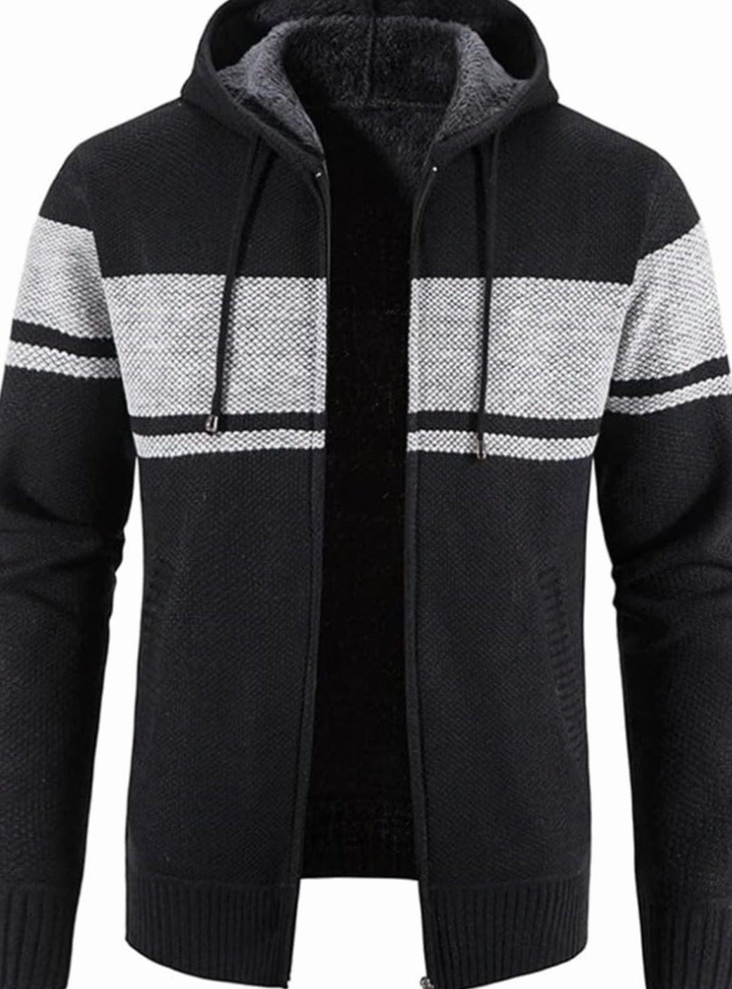 Men's Colorblock Knit Hooded Zip Cardigan with Fleece Lining - Black Gray