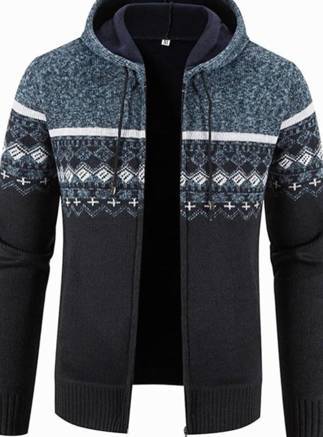 Men's Colorblock Knit Hooded Zip Cardigan with Fleece Lining - Blue Black