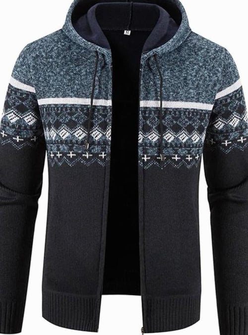 Men's Colorblock Knit Hooded Zip Cardigan with Fleece Lining - Blue Black