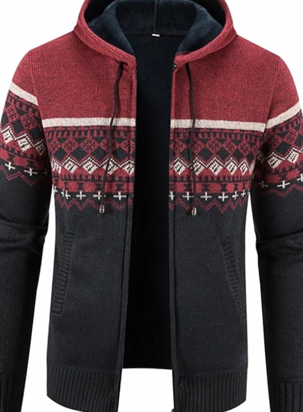 Men's Colorblock Knit Hooded Zip Cardigan with Fleece Lining - Red