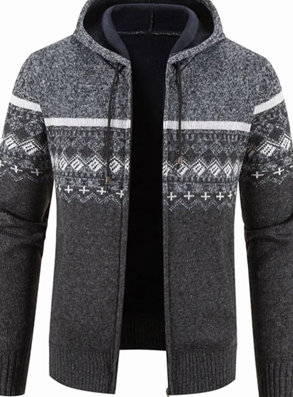 Men's Colorblock Knit Hooded Zip Cardigan with Fleece Lining - White Gray
