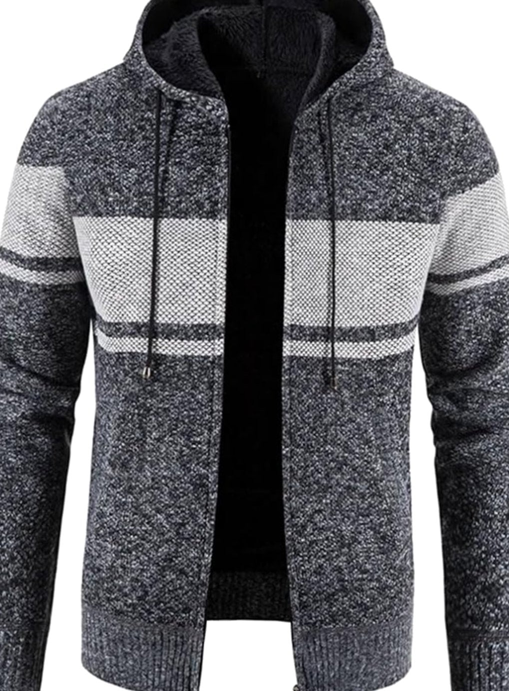 Men's Colorblock Knit Hooded Zip Cardigan with Fleece Lining - Gray